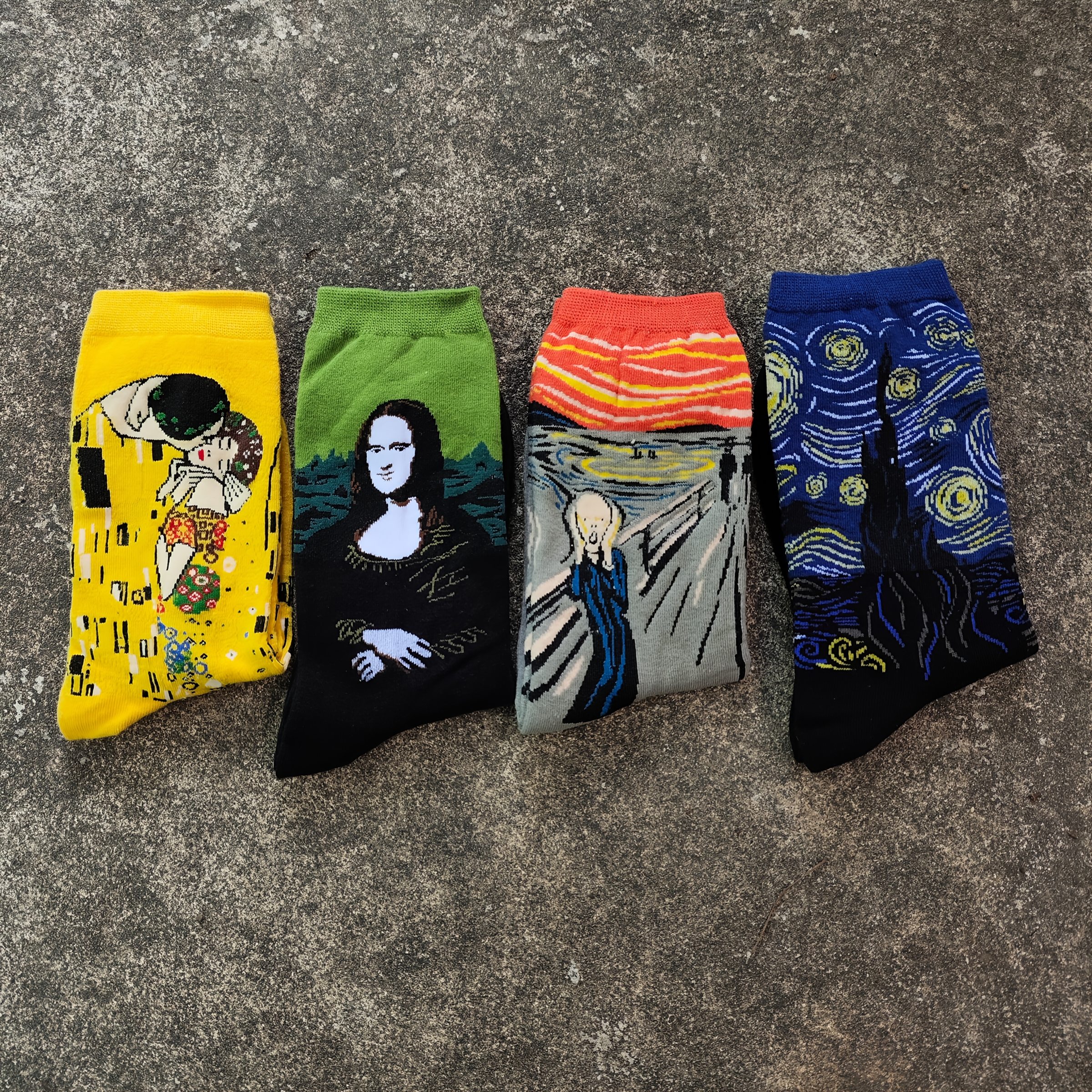 TEMU 4 Pairs Of Men's Famous Paintings Socks - , Starry Night, , Portrait - Soft Nylon/spandex Blend - Fun For Casual Attire And Costume Parties -