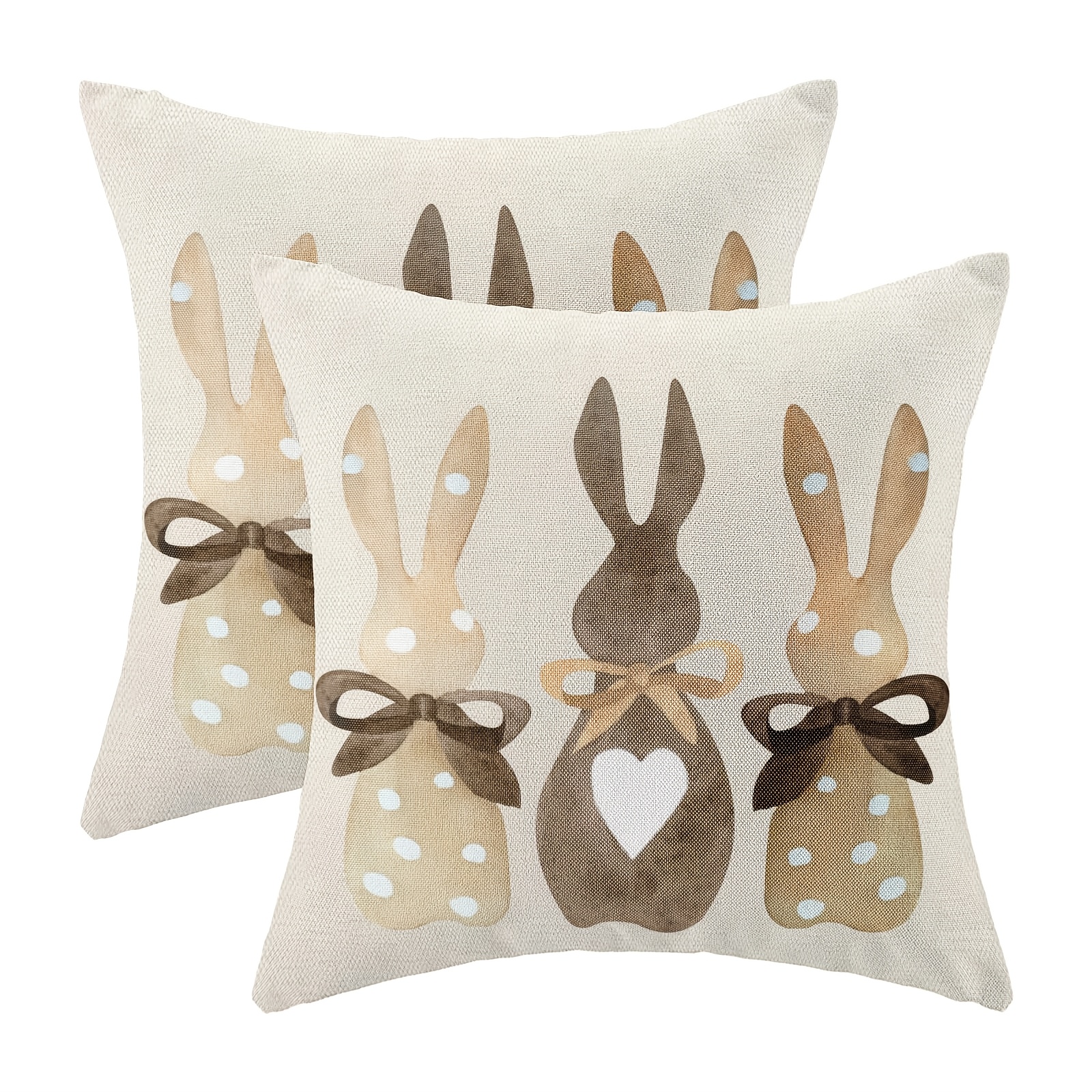TEMU 2pcs, Housses de coussin de Pâques en lin, pour décoration vintage à pois et cœur, lapin, coussins jetables de printemps avec nœud et lapin,