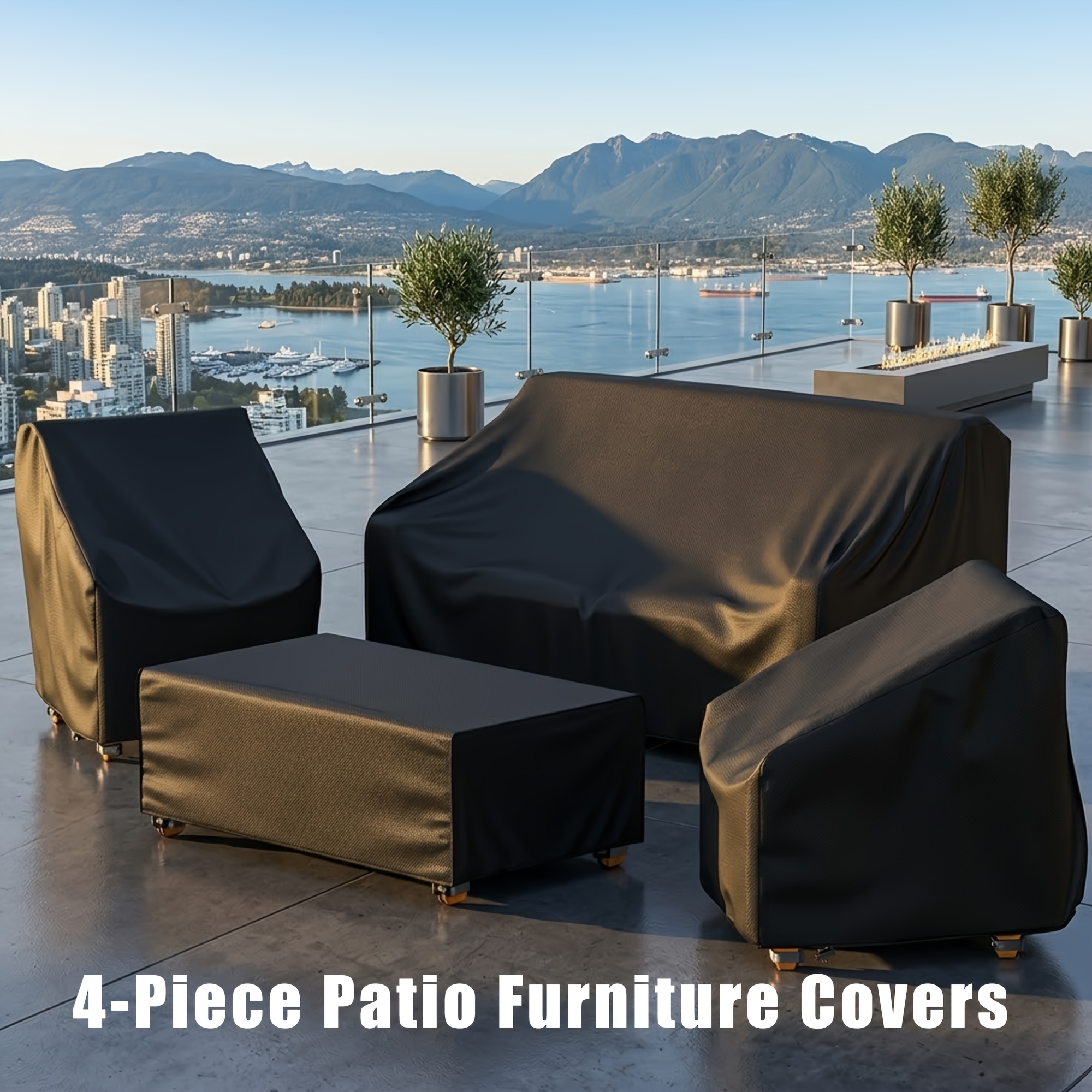 TEMU 4pcs Furniture Cover Set, 210d Heavy-duty Outdoor Furniture Covers, Including 1 Sofa Cover, 2 Chair Covers, And 1 Coffee Table Cover With