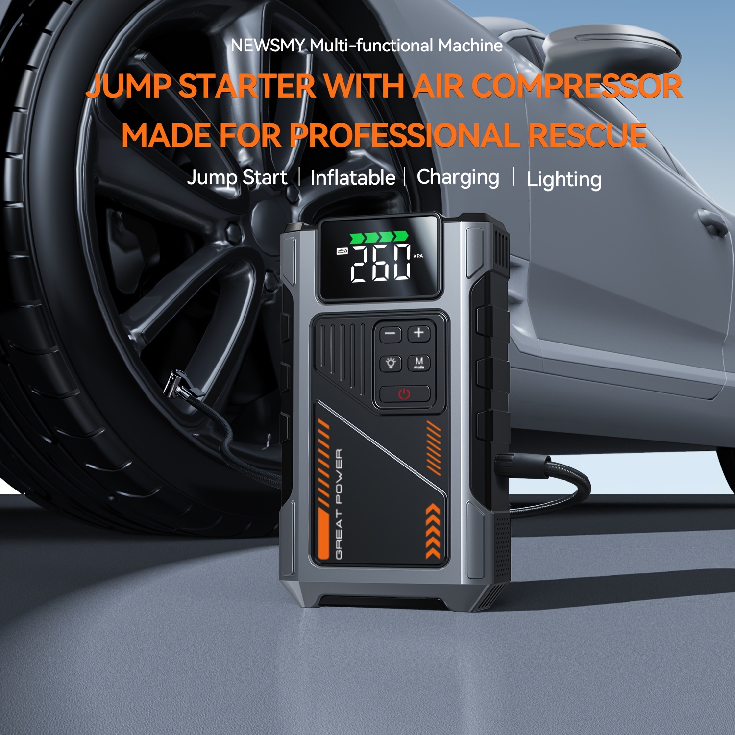 TEMU 12000mah Car Jump Starter With Air Compressor | Multifunctional Power Bankjump Start Vehicles & Lawn Mowers | Led Emergency Light, Portable Car Jump Starter, Jump Starter With Air Compressor