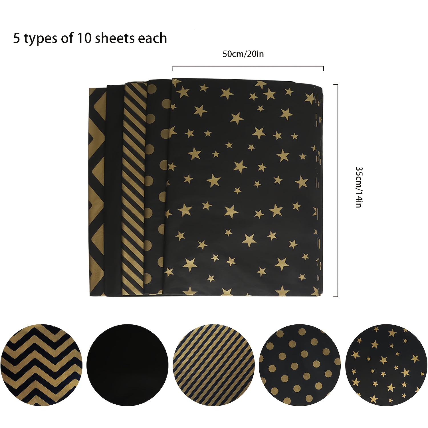 TEMU 50 Feuilles de Papier de Soie Noir et Doré 50×35 cm, de Papier de Soie Métallisé pour Emballage de Cadeaux, Papier d'Emballage en Gros pour