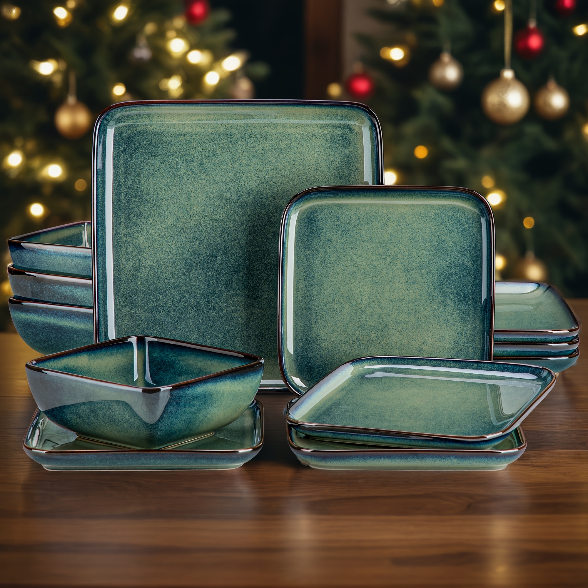 12pcs Set, Square Reactive Glaze Tableware Kitchen Dinnerware Stoneware Crockery Set With Dinner Plate, Dessert Plate, Bowl Service For 4, Dishwasher And Microwave Safe, Handmade, Holiday Gift
