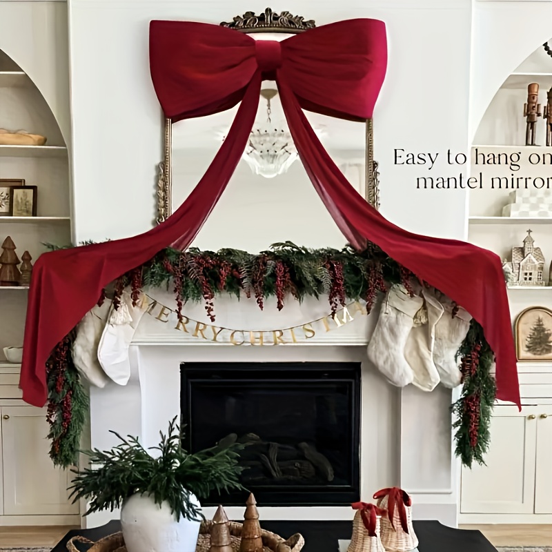 [Elegant Bow Garland] Large Burgundy Red Bow Garland - Elegant Christmas Mantel & Fireplace Door Decoration, Wedding/Party Arch Decor - 1pc Durable Bowknot with Ribbon Bow Accent for Xmas Tree Topper, Door Hanger (No Feathers)