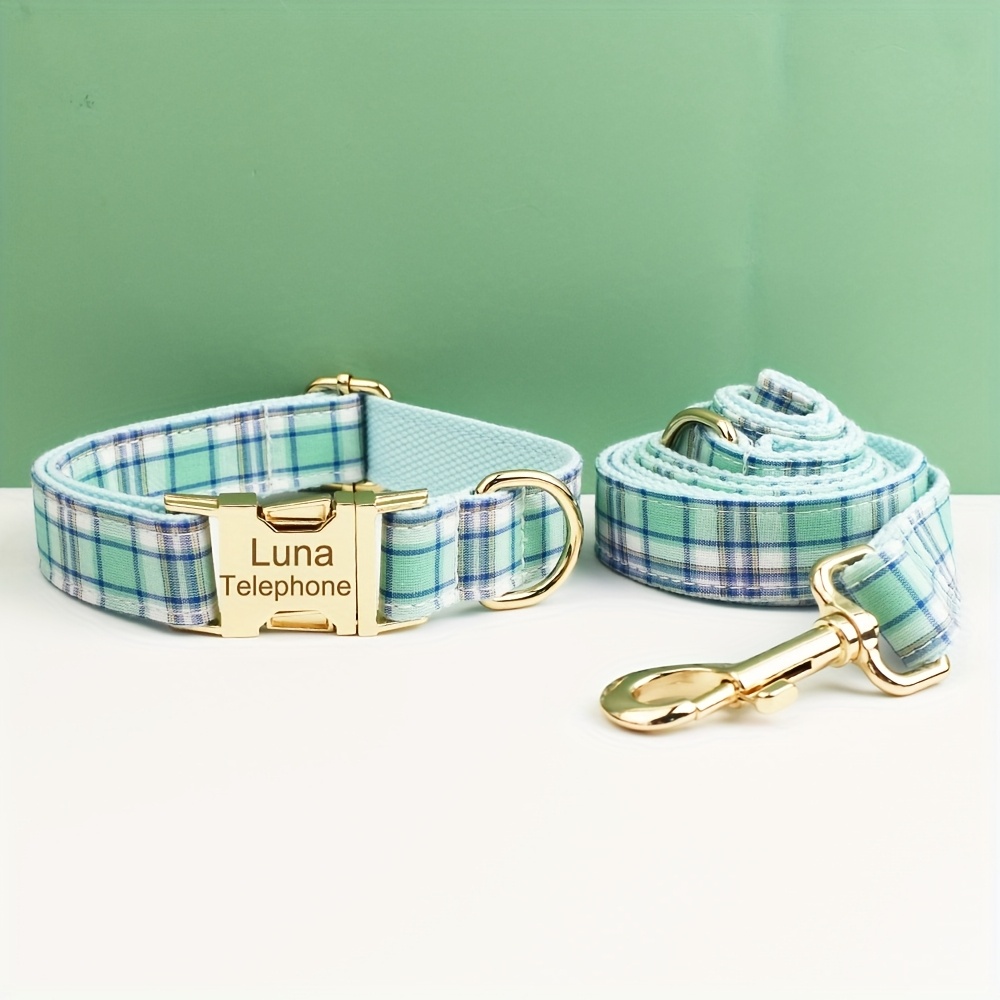 Personalized Plaid Dog Collar with Matching Leash, Custom Engraved