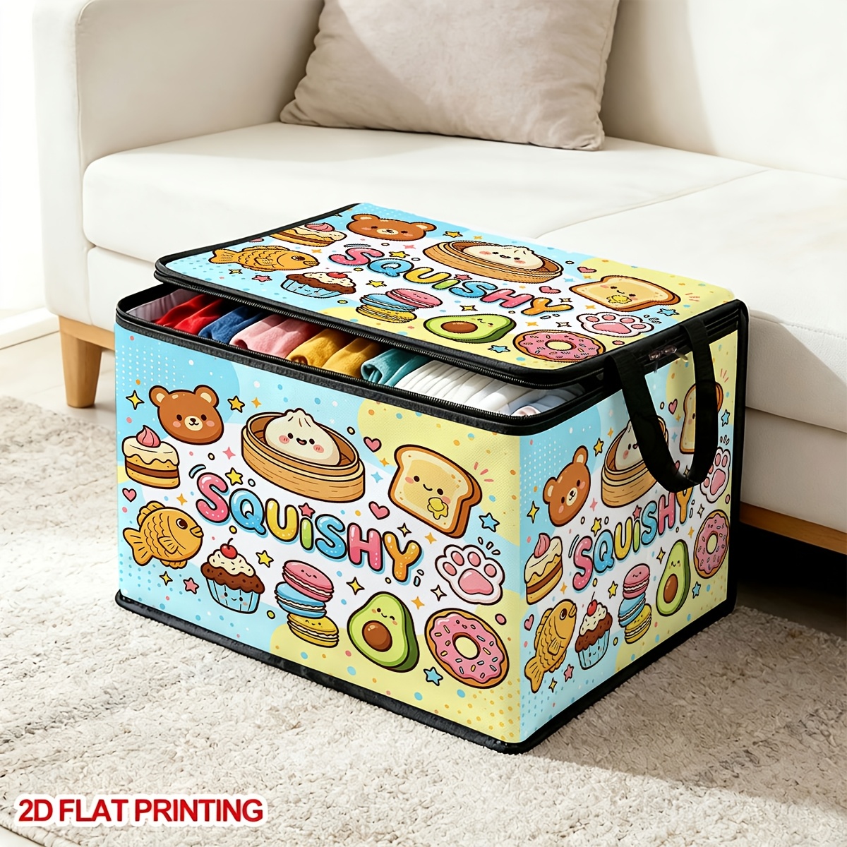 TEMU 1pc Factory Direct Dessert Bear Printed Zipper Foldable Storage Box - Suitable For Book Organization, Under-bed Storage, Car Trunk Storage,
