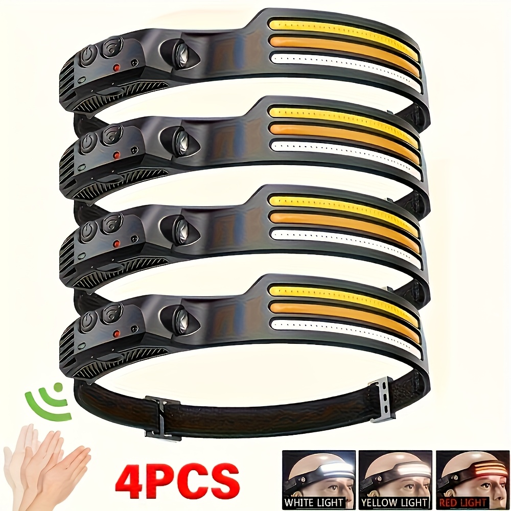 TEMU 4pcs Outdoor With Motion Headlamp, Usb Rechargeable Headlamp, Cob Floodlight Headlamp For Camping, Running, Fishing And Work Headlamps, Work