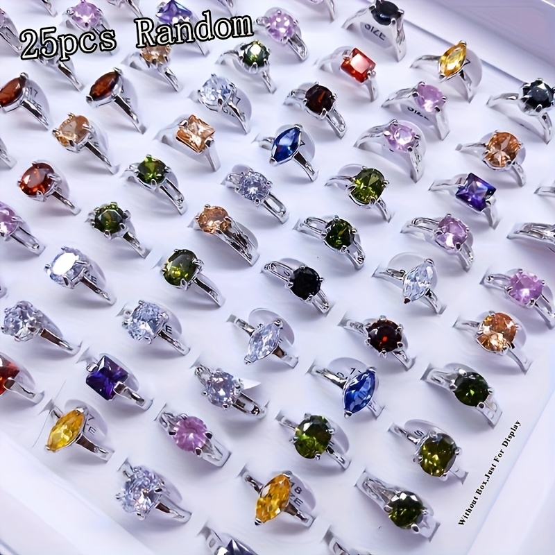 TEMU 25pcs Synthetic Zirconia Shimmering Geometric Ring Color Random- Options For Engagement, Wedding & Evening Parties