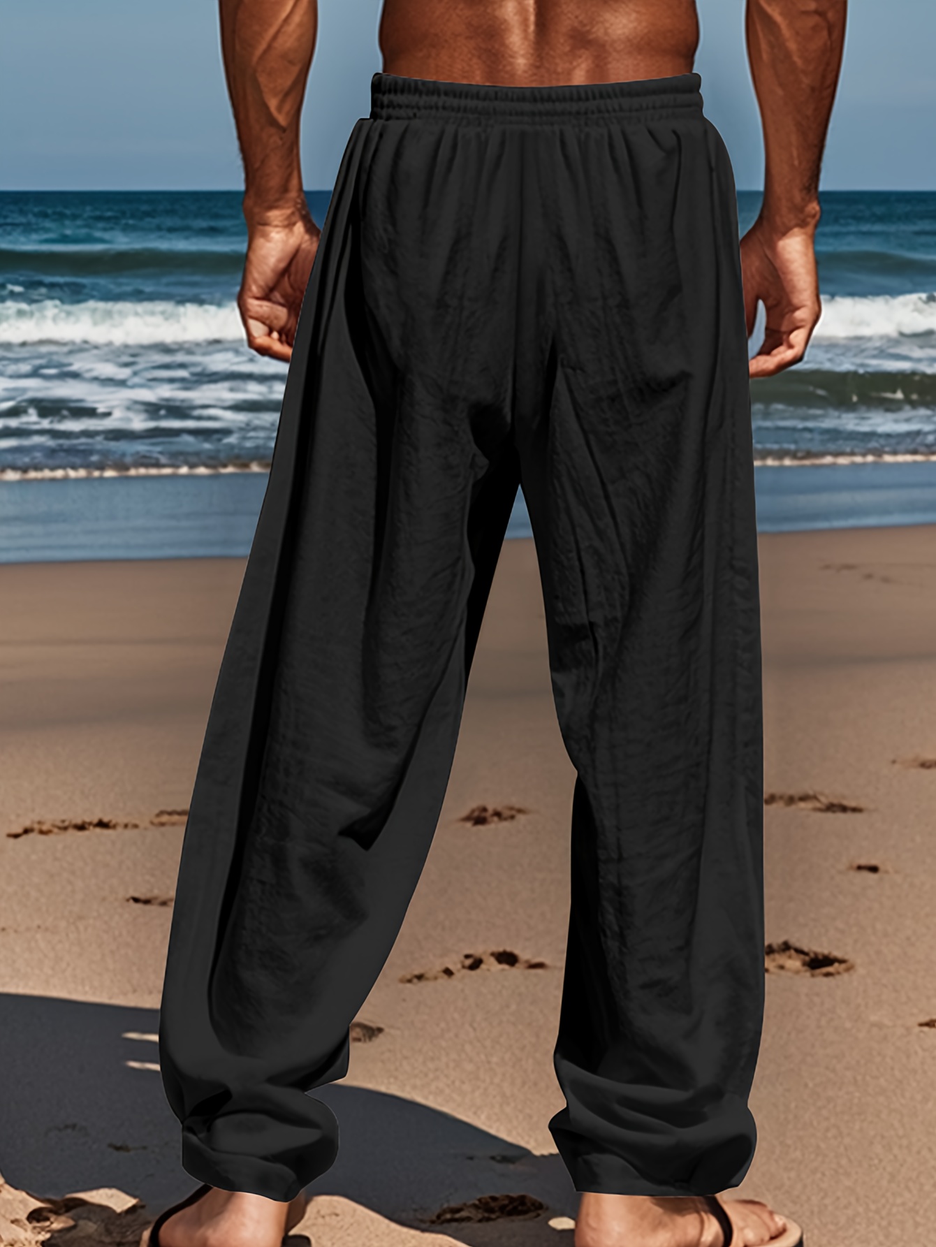 Men's Linen Pants - Non-Stretch Formal Pants, Elastic Drawstring Waist, Loose Fit Trousers for Beach, Office, Parties - Machine Washable Casual Formal Attire for s &