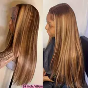 Highlight 13x4 HD Lace Front Echthaarperücken für Frauen P4 27 Ombre Braun Knochen Glatt Kleberfrei Transparent Peruanische Lace Frontalperücken 28 30 32 Zoll Lace Closure Perücke Farbige Perücke Details 4