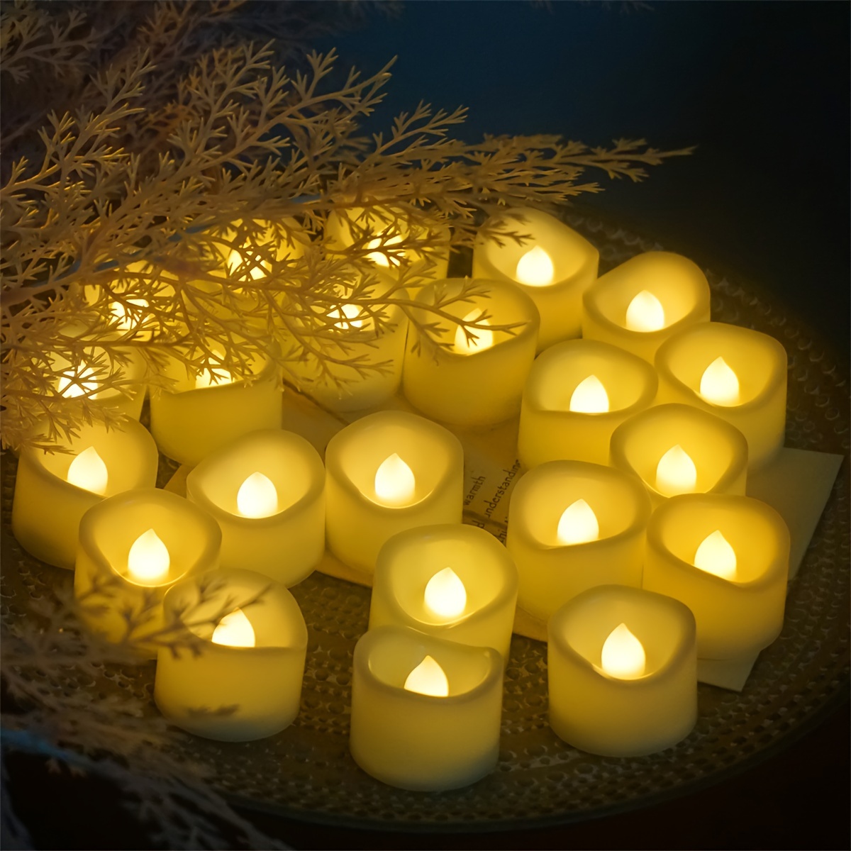 Pack 12 Velas De Té LED Naranjas - Sin Llama, Parpadeo Cálido, Batería CR2032 Incluida - Decoración Halloween, Navidad Y Bodas
