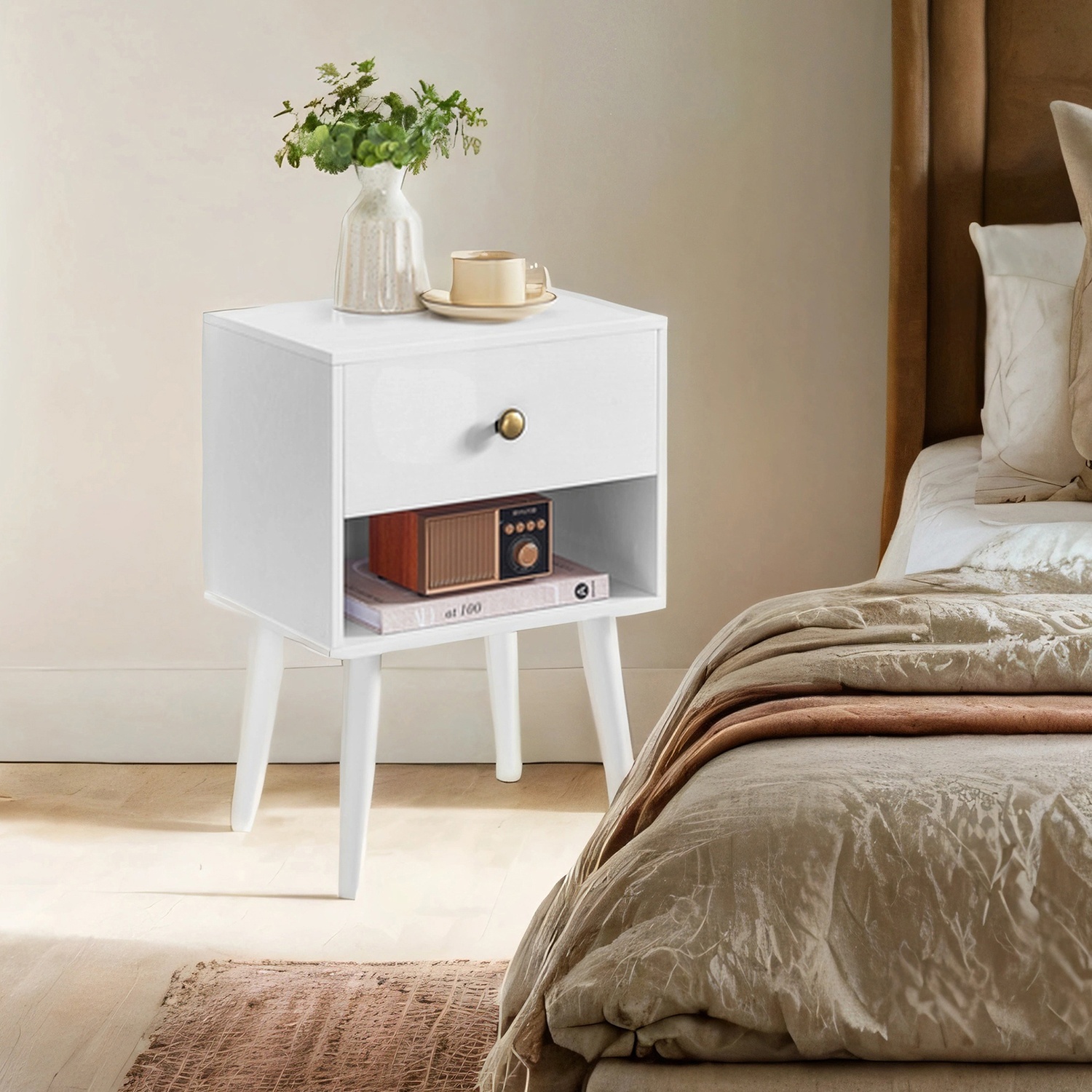 E-shop Moderner Minimalistischer Nachttisch mit Stauraum-Schublade & Offener Ablage - Massivholzbeine, MDF-Konstruktion, Farbmix-Finish, 27" Höhe -
