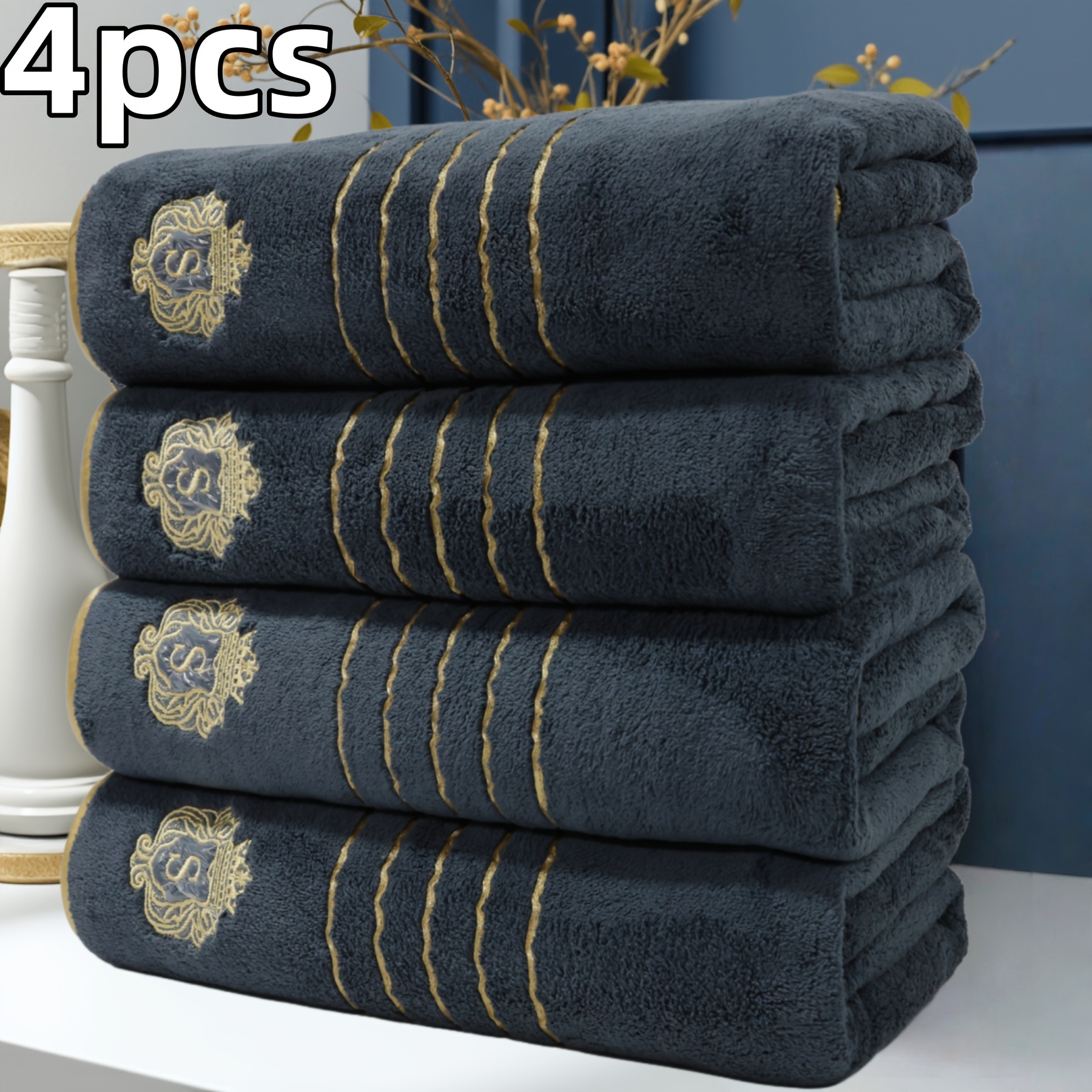TEMU Crown Embroidered Gold- Classic Luxury Set Of 4 Bath Towels, Measuring 70x140cm/27.5x55in, In Colors, Absorbent, Quick-drying, Soft And