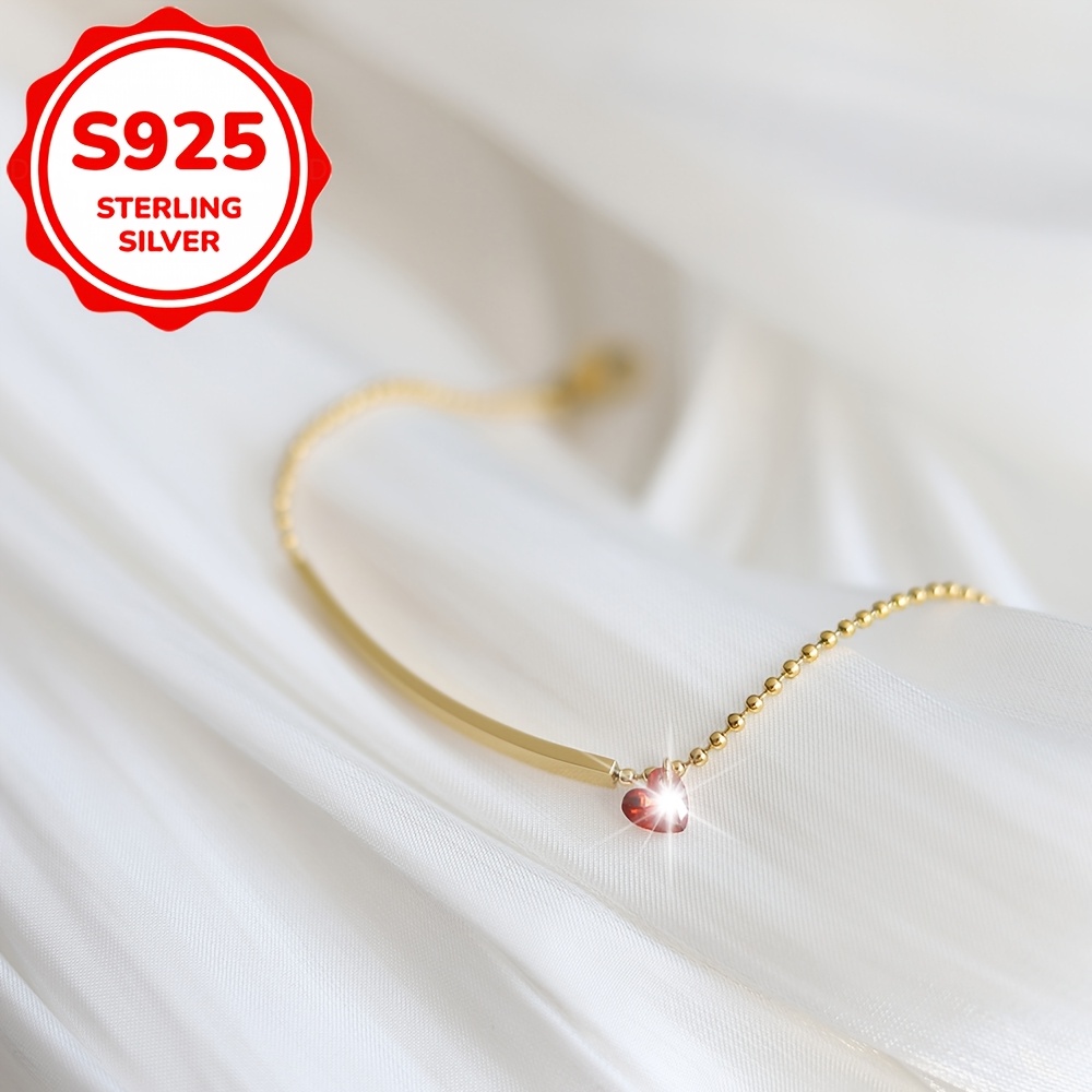 Women's S925 Sterling Silver Red Heart Polished Bar Anklet