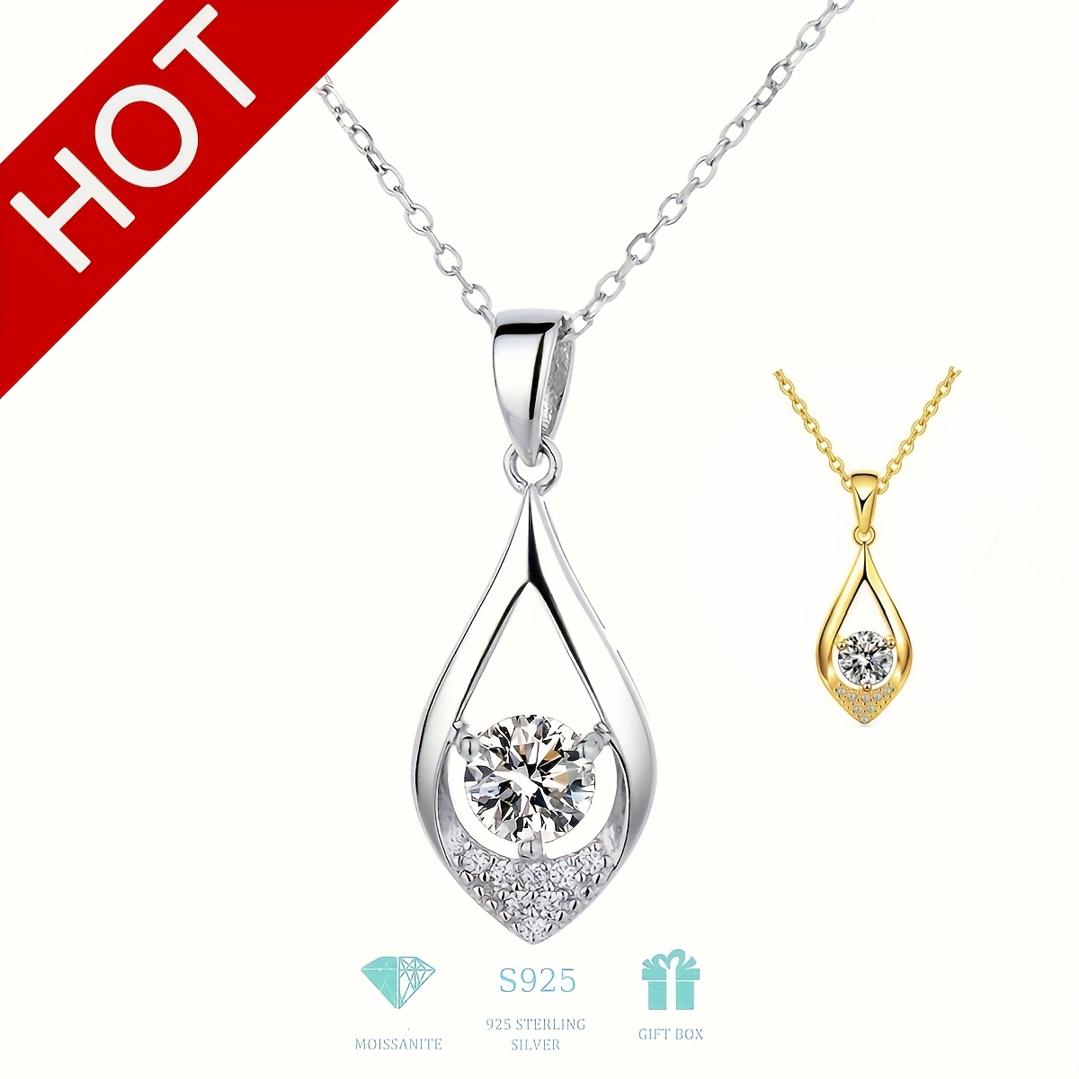 

925 Silver Moissanite Water Drop Pendant Necklace And Clavicle Chain, White , Gift For Mother, Grandma, Wife, Girlfriend, Daughter, Day, Anniversary, Birthday