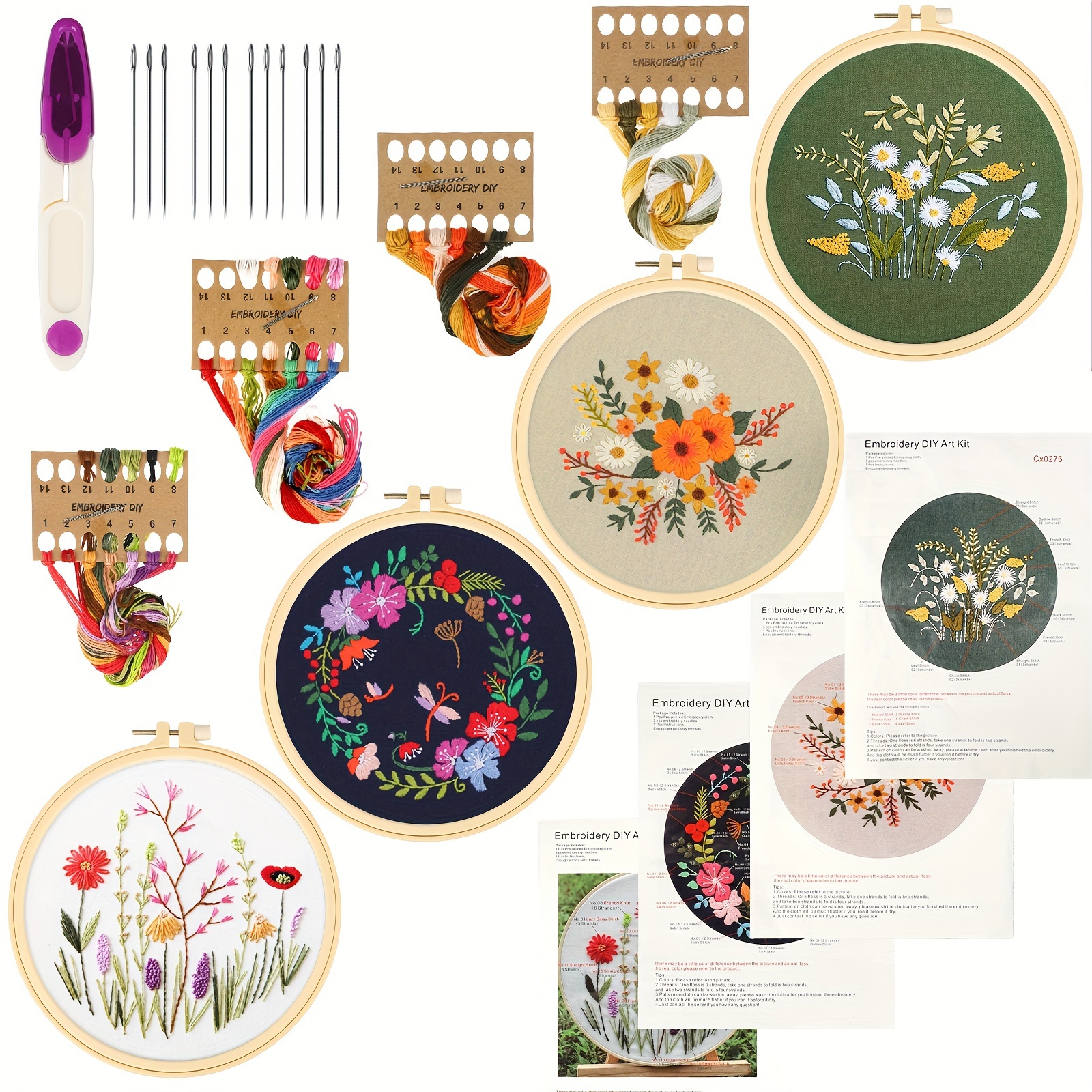 

Embroidery Starter Kit With Floral Pattern And Instructions, Embroidery Kit For Beginners, Full Range Of Stamped Kits