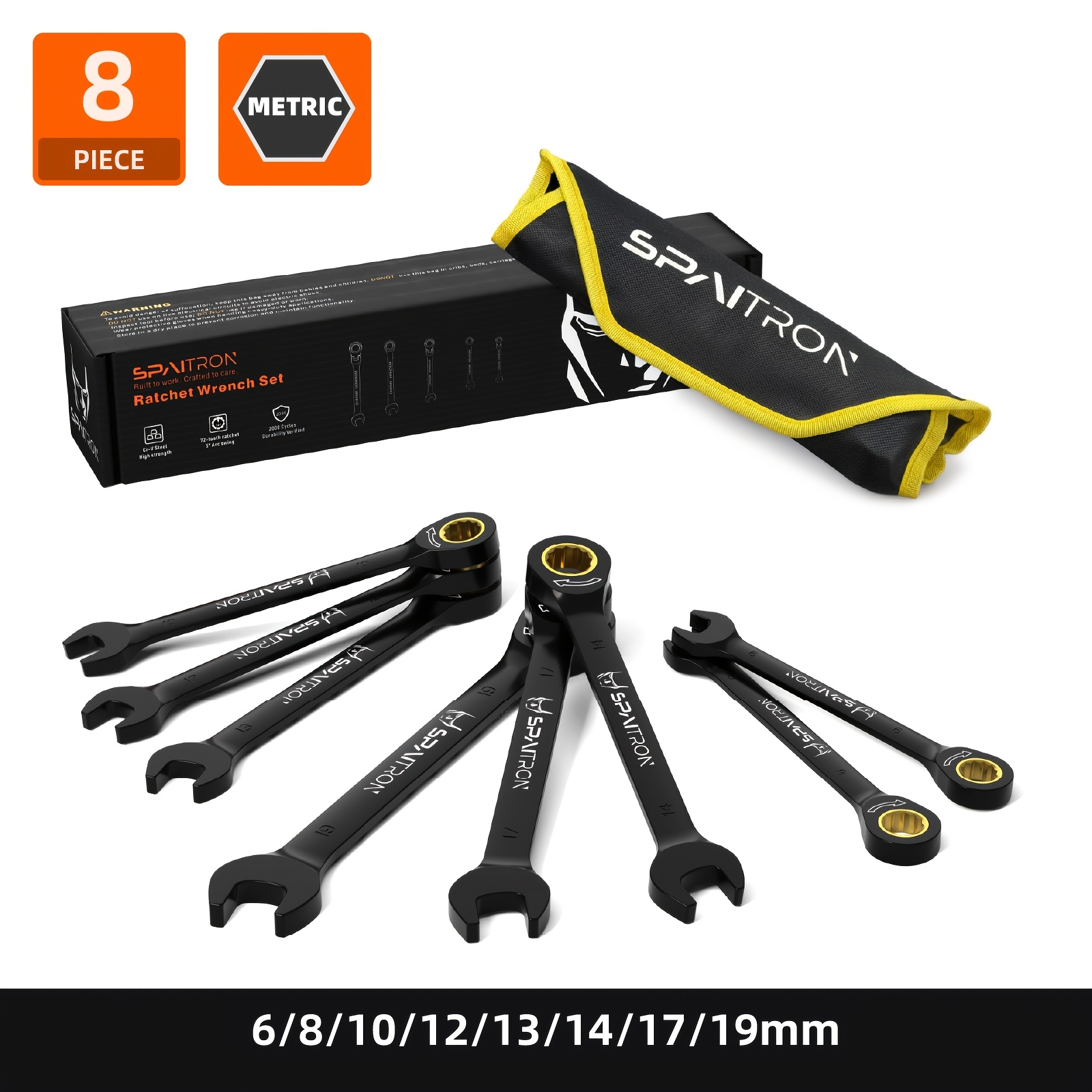 TEMU Spaitron 8pcs Metric Ratchet Wrench Set (6-19mm), 72-tooth Steel Combination Wrenches With Coating, High Torque Hand Tools For Auto And