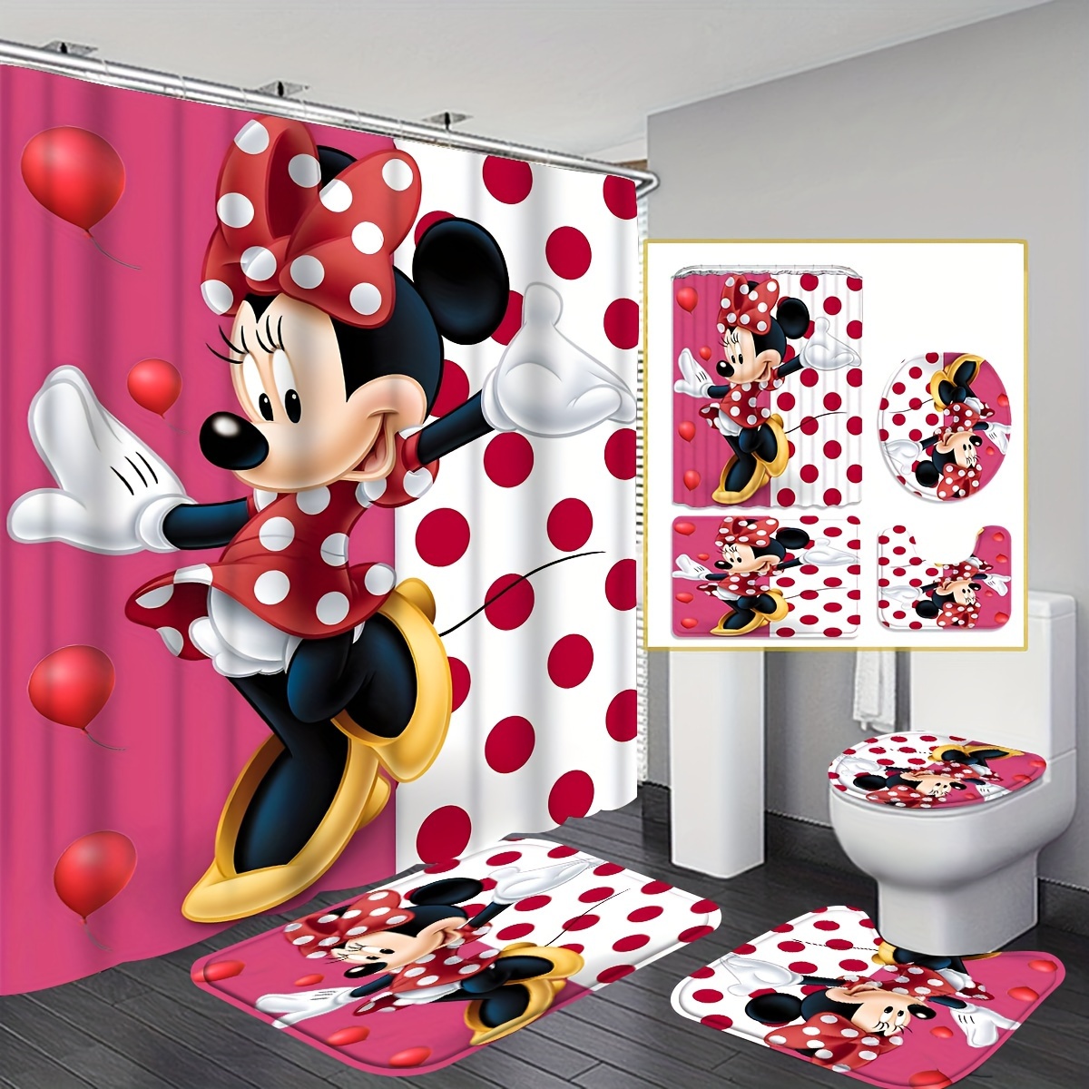 

1/4pcs Polka Dot Pattern Shower Curtain Set, Shower Curtain With 12 Hooks, Non-slip Bath Mat, U-shaped Toilet Mat, Toilet Mat, Bathroom Accessories, Home Decor