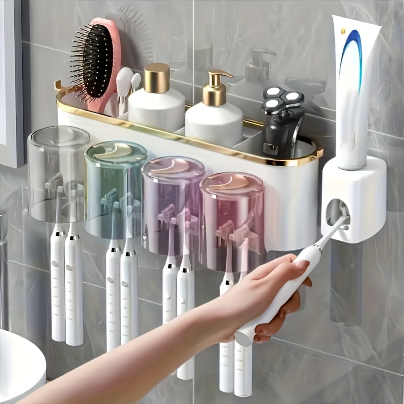 toothpaste dispenser with brush holder wall mounted brush storage box with mouthwash cup space saving brush and cup bathroom rack bathroom accessories