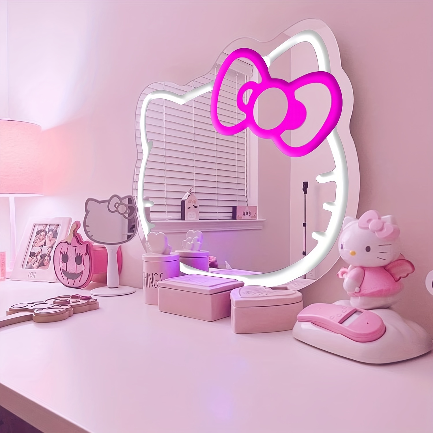 

1pc Sanrio Hellokitty Cute Bow Anime Style Led Mirror Neon Mirror Adjustable Room Decor Aesthetic Light Girl Room Bedroom Makeup Mirror Birthday Christmas Art Gift, Christmas Gift