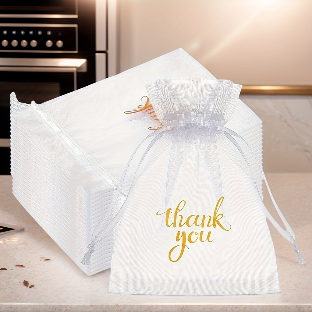 Image of 50pcs Thank You Organza Bags Mesh Drawstring Gift Bags Organza Jewelry Pouches Wedding Party Favor Bags For Birthday Party Festival Makeup Bathroom Soaps