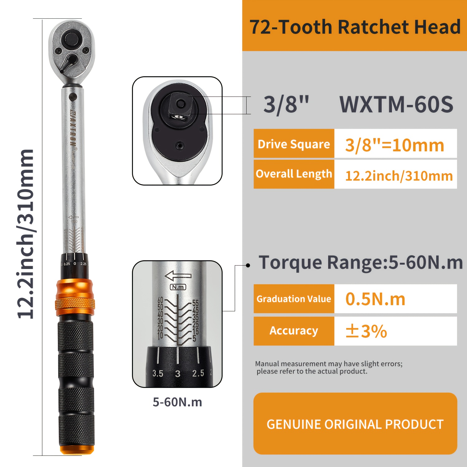 TEMU 3/8-inch Torque Wrench With Dual Scale 5-60 NÂ·m Bidirectional Adjustment Torque For Bicycle And Automotive Maintenance