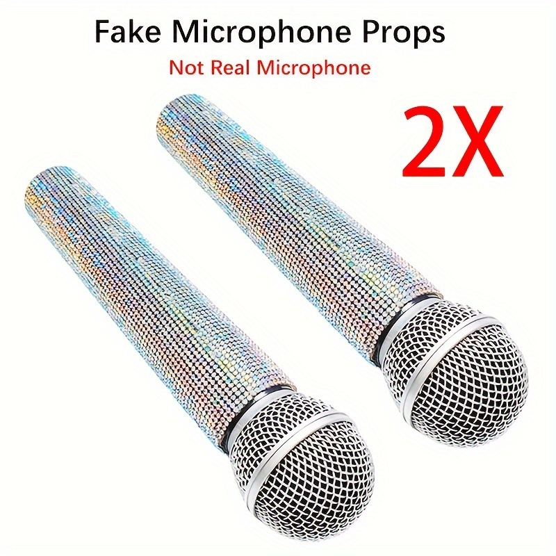 

2x Rhinestone Microphone Props Gift, Party Birthday Shining Microphone Ornaments Decoration For Home, Pbar Decor