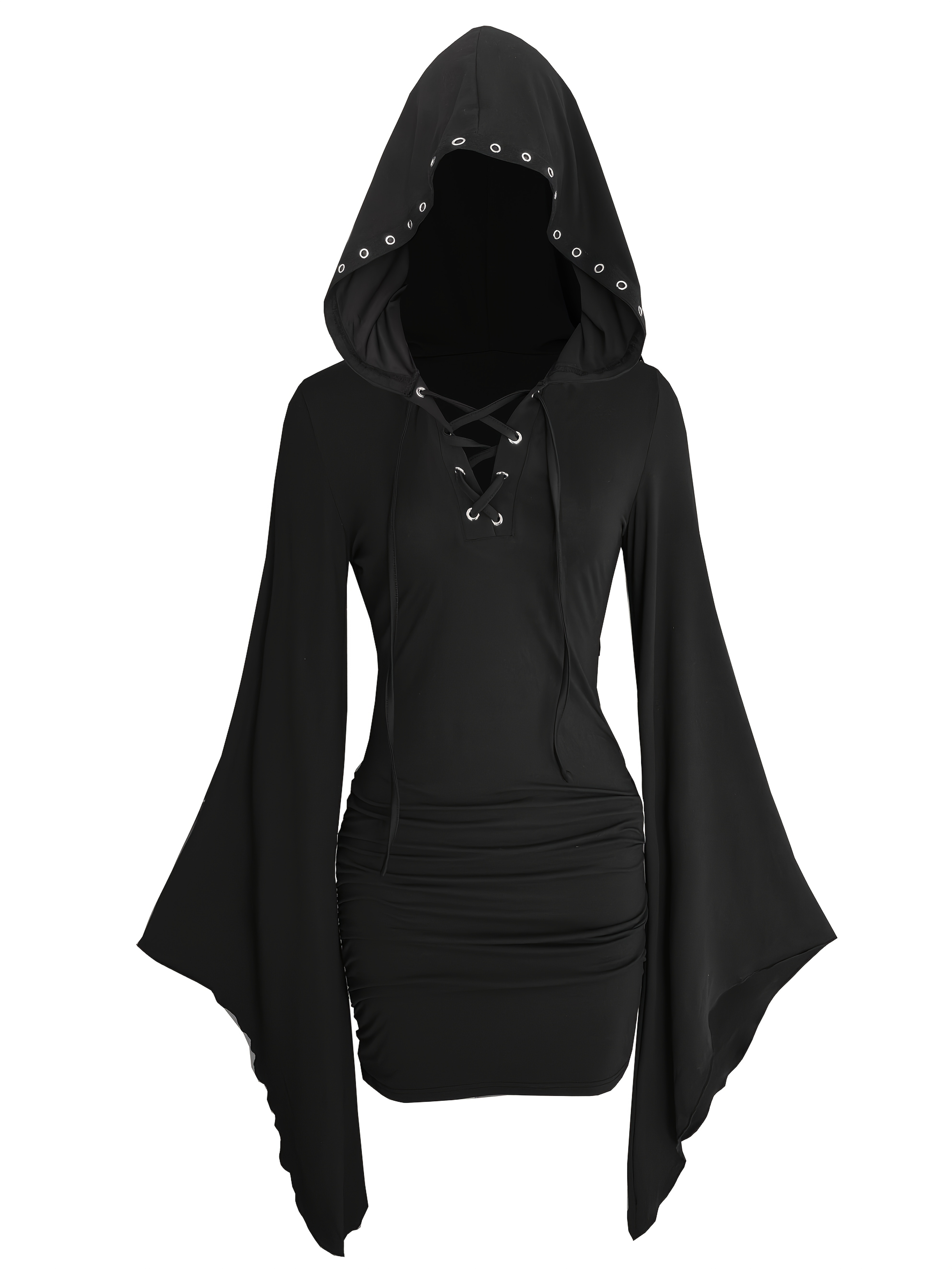 chinese dress ladies Stylish Gothic Mesh Panel Hooded Dress with Metal Details