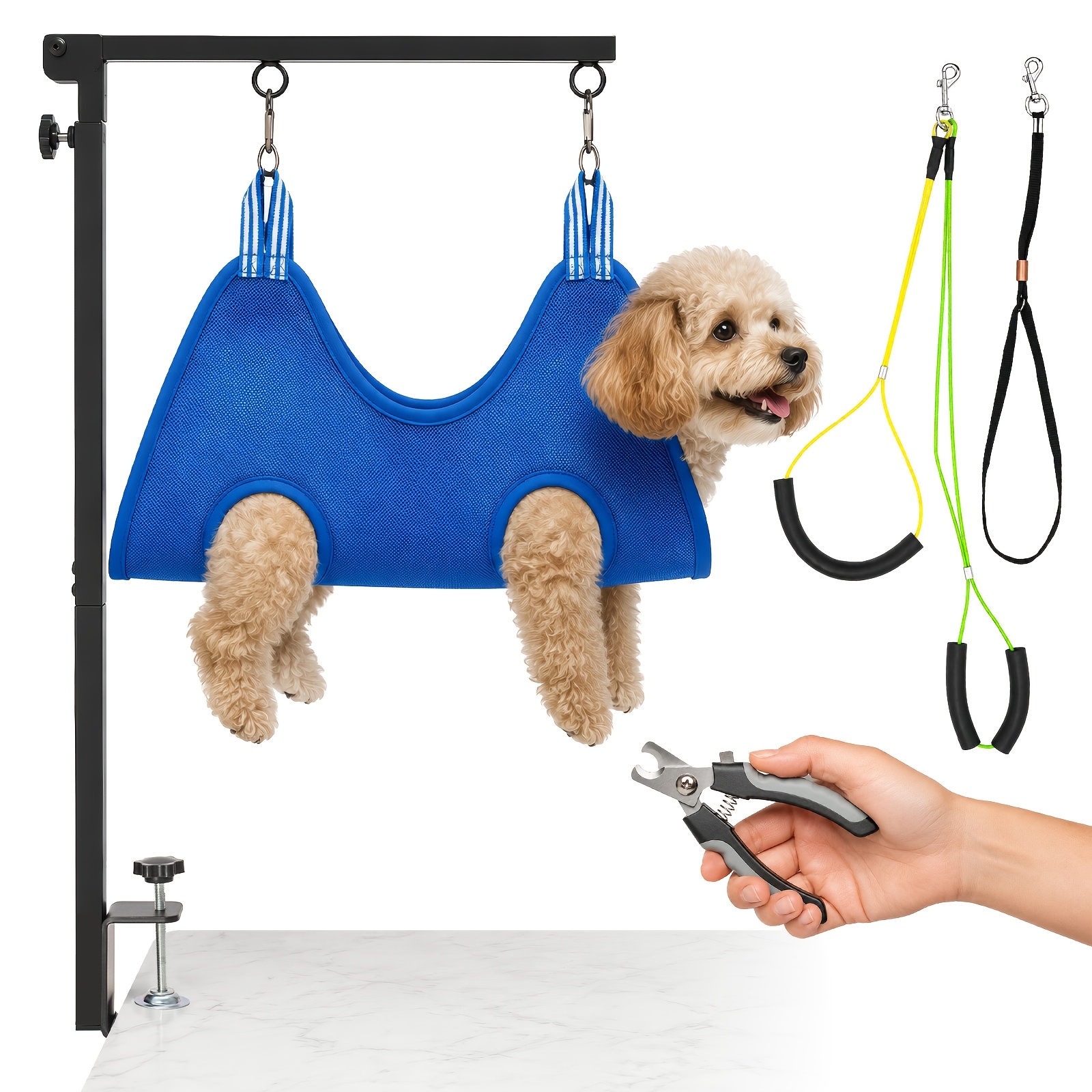 Image of Dog Grooming Arm With Clamp, Adjustable 66-102cm Pet Grooming Table Arm With Hammock And No-sit Haunch Holders, Foldable Grooming Restraint Kit For Small To Medium Salon