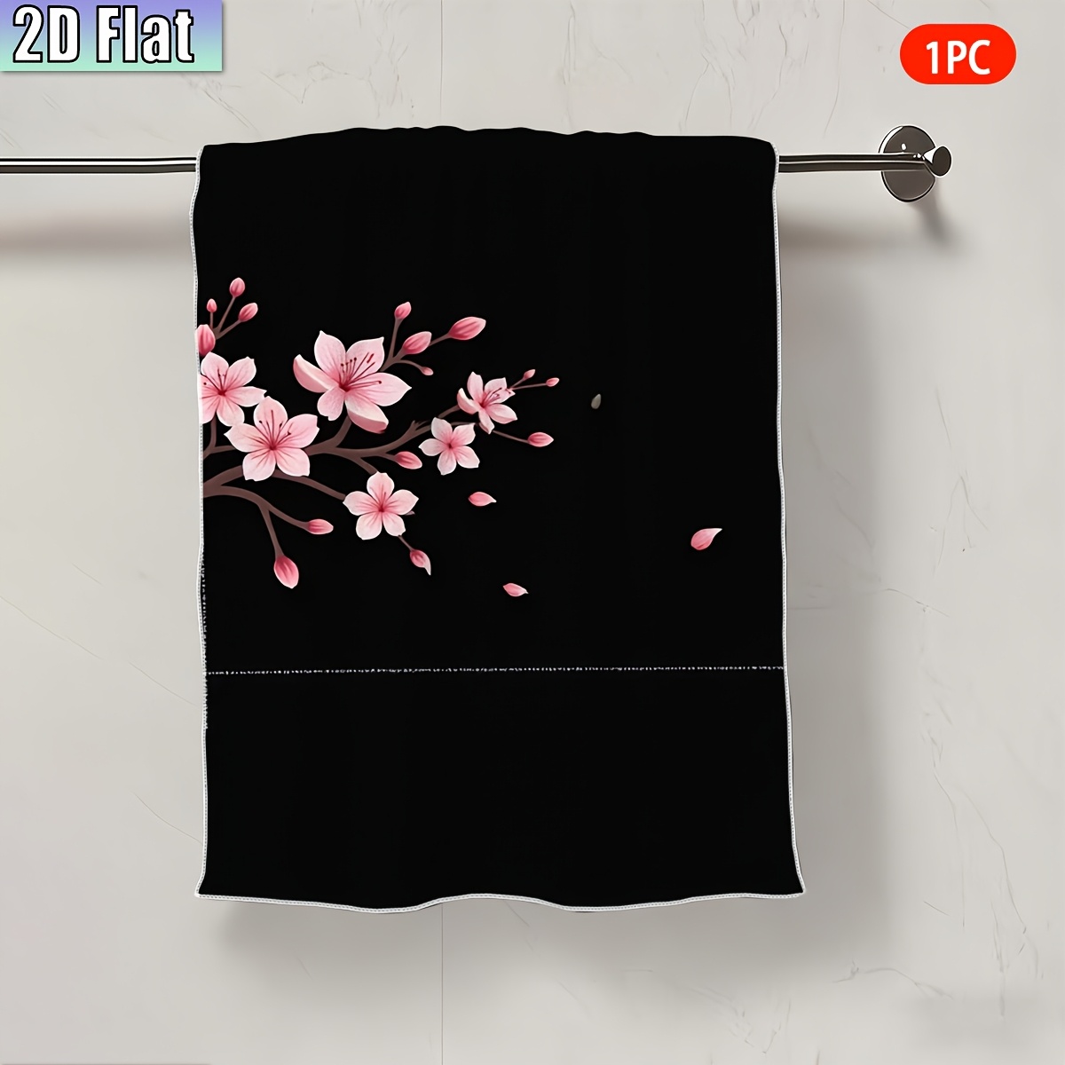 TEMU 2d Flat - 2d Flat - 2d Flat, 1pc, Face Towel, Pink Cherry Blossoms On A Black Background, Themed Towel, Suitable As A Valentine's Gift, Easter