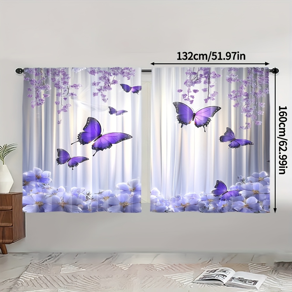TEMU 2pcs, Purple Flower Curtain, Polyester, For Art , Rod Pocket For Living Room Bedroom Study, Decorative Drapes, (without Rod)
