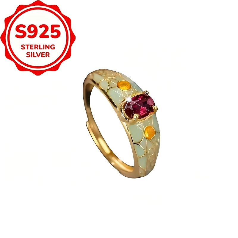 Women's S925 Silver Textured Enamel Adjustable Ring, Light Luxury