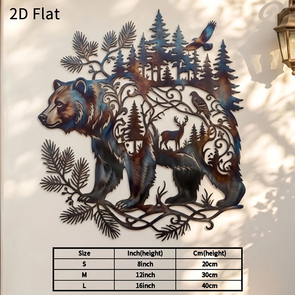 TEMU Plat 2D, 1 pièce Art Mural en Métal Ours et Forêt, Panneau Rustique en Métal Plat 2D, Décoration Nature Durable et Imperméable pour Maison,