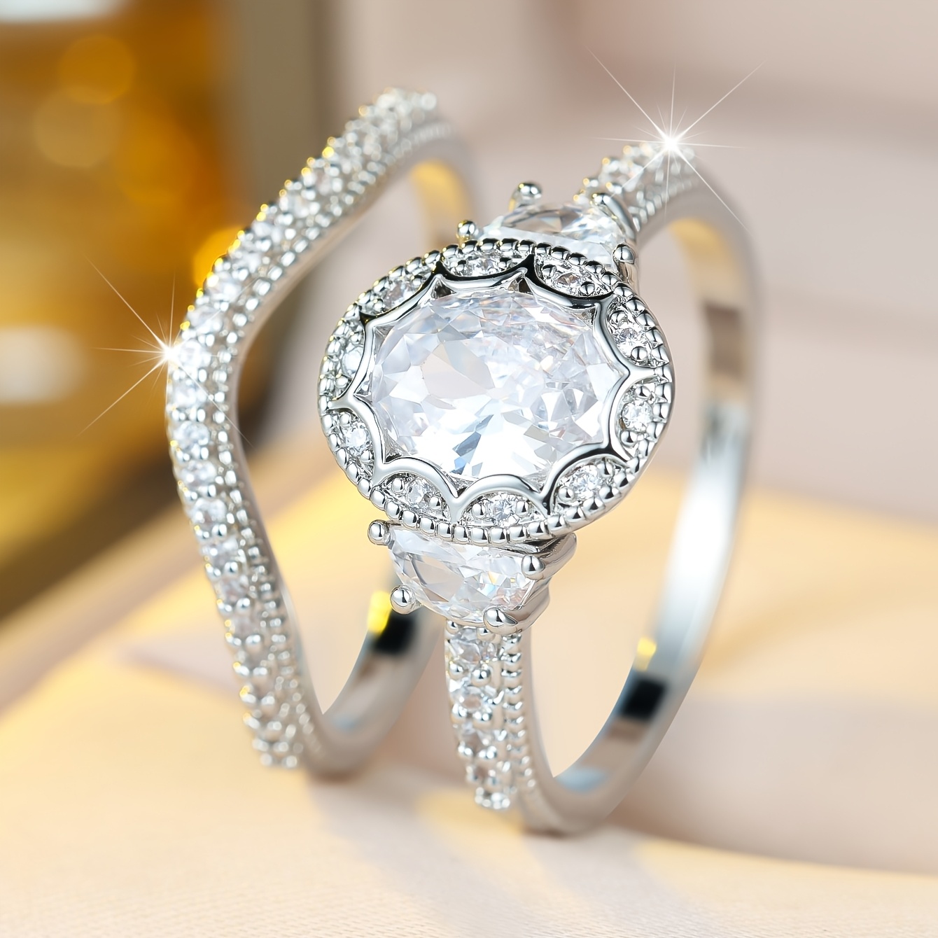 2pc Women's Rings Set with White Egg-Shaped Zirconia