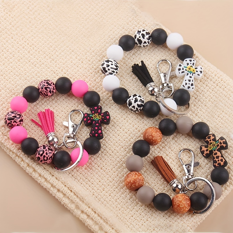 2 Portachiavi Bracciale Con Perline In Silicone E Nappa In Pelle, Fantasia Leopardo - 3