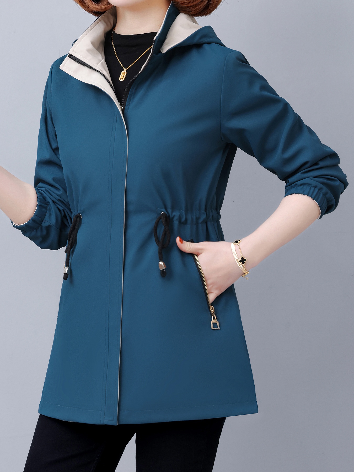Chaqueta Elegante con Capucha de Longitud Media para Mujer - Abrigo Reversible a Prueba de Viento con Cintura Ajustable y Bolsillos con Cremallera, Ropa Casual de Color Sólido para Primavera/Otoño, Sudadera con Cordón, Diseño Estructurado