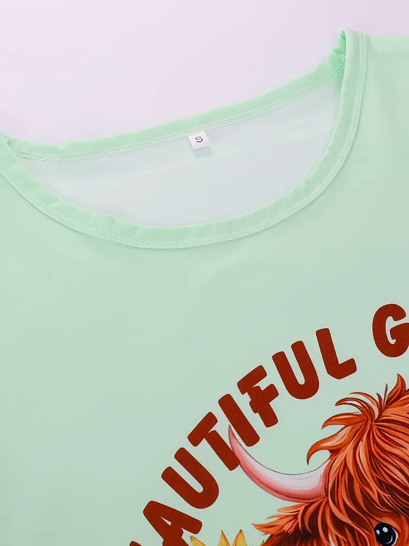 round neck three piece light green floral cow letter print adult pajama set short sleeve top and loose elastic shorts with long pants casual womens sleepwear and loungewear outfit wearable all year round Product details 4