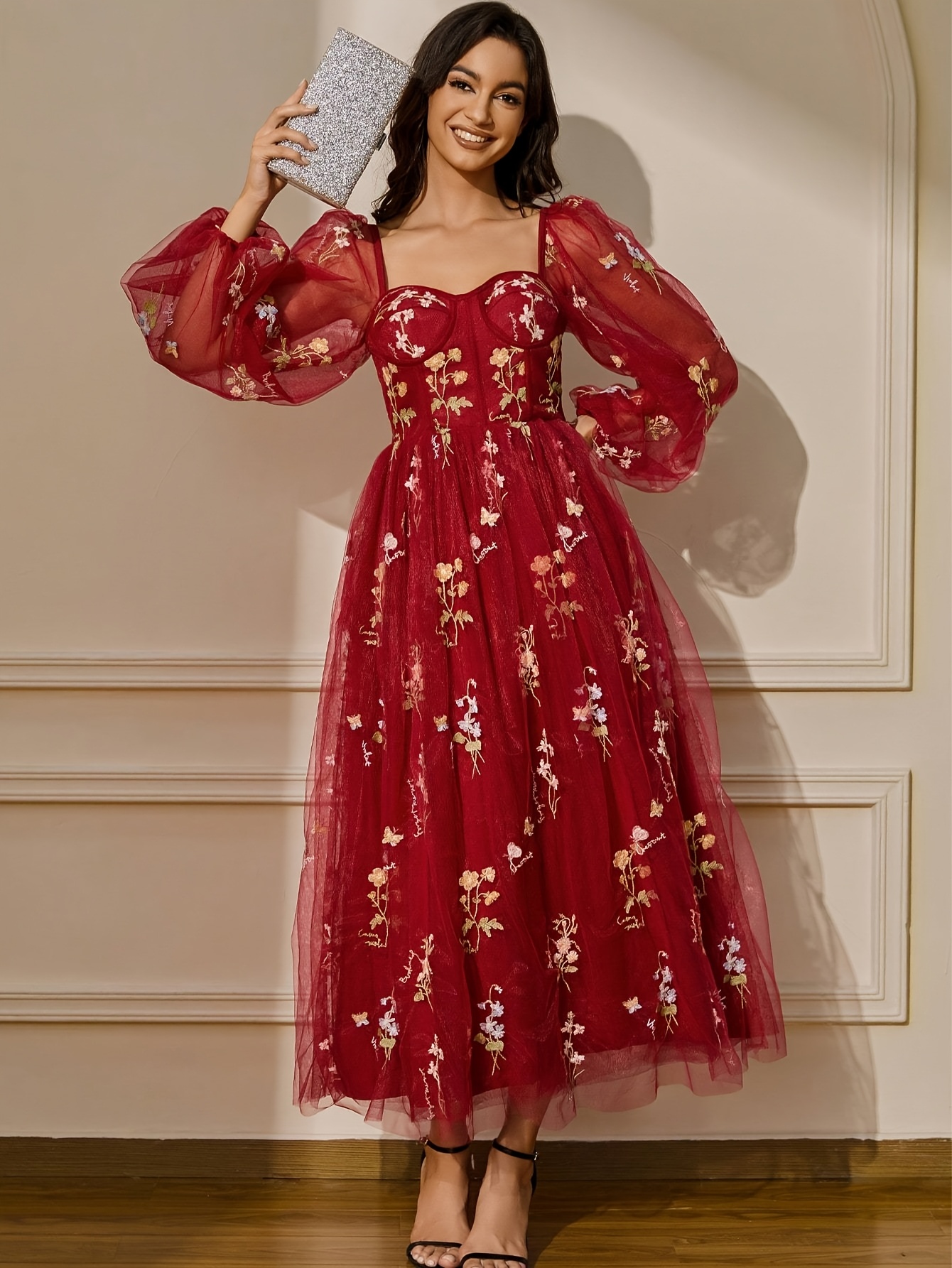 prom dresses women puffy sleeve flower embroidery tulle - Temu