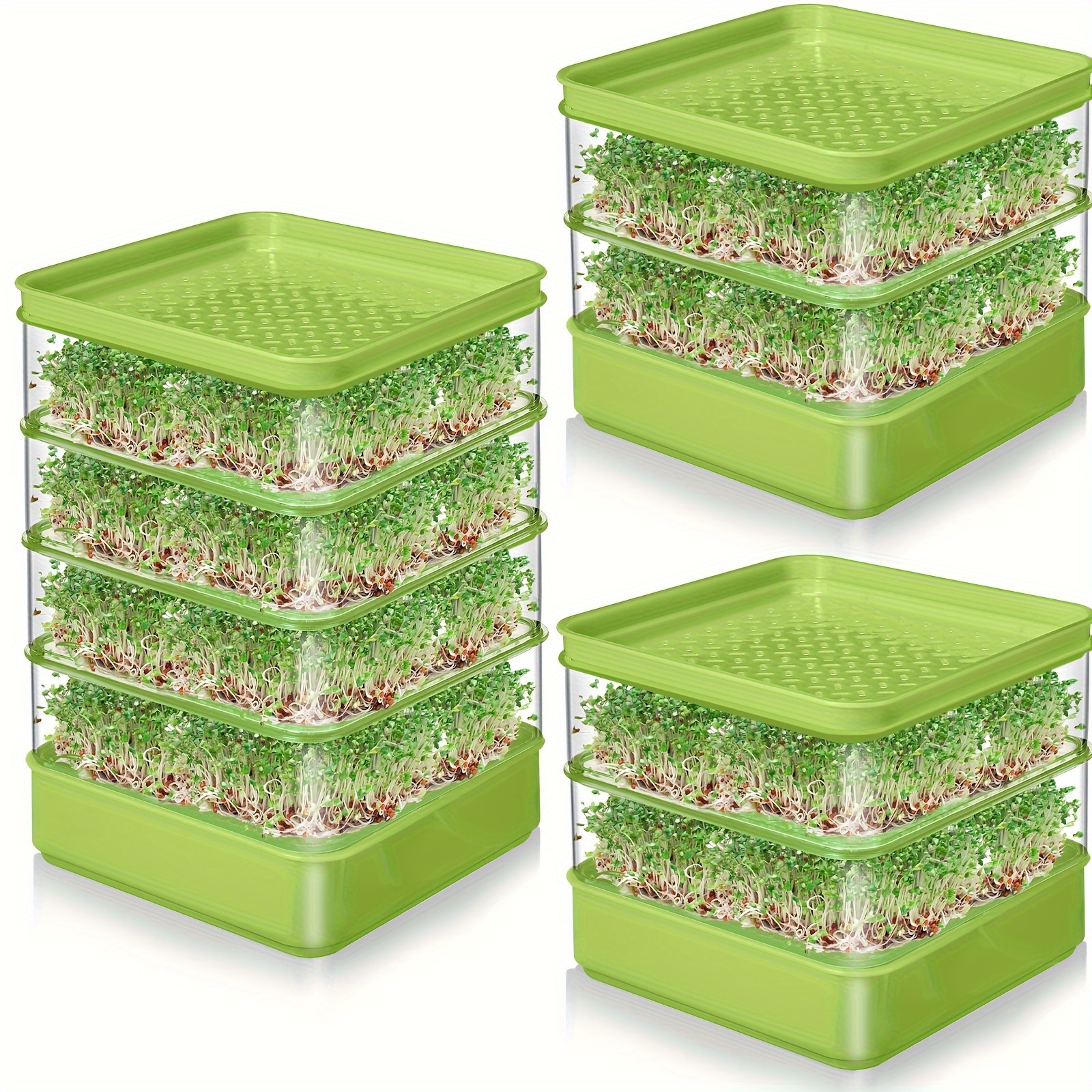 

4 Sets Stackable Seed Sprouting Kit, 2 Tier Sprouts Growing Kit With Drain Holes And Drain Tray, 2-4 Tier Soil Free Growing Kit For Beans Alfalfa Seeds