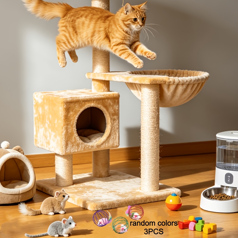 TEMU Random 3pcs Cat Toy Cage Mouse Teaser Rod With Artificial Feather Tail Mini Ball Self-entertainment Cat Toy, Without Battery