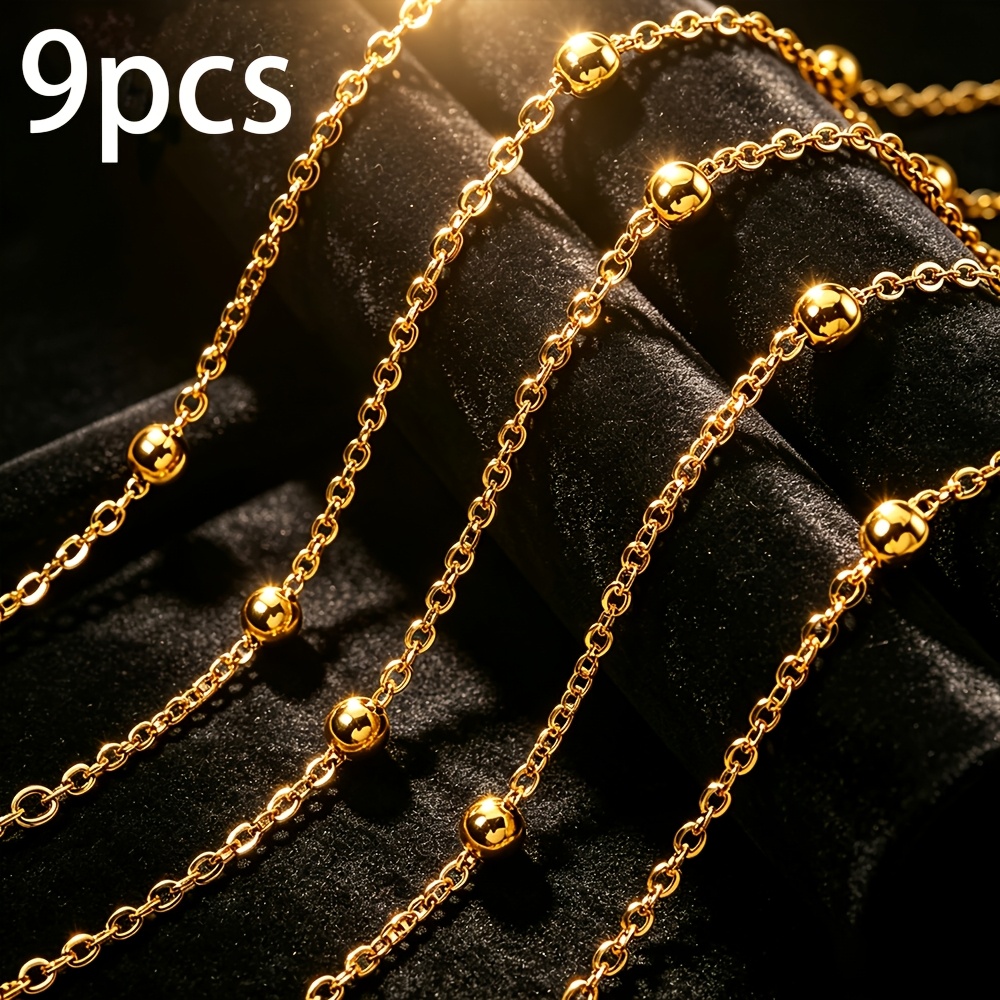 TEMU Collana da donna con perline in acciaio inossidabile 304L, 9 pezzi, catena base ipoallergenica impermeabile e resistente al sudore, placcata in