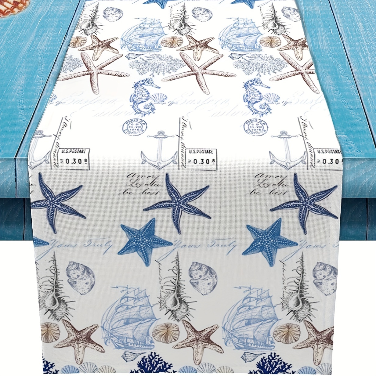 

1pc, Undersea Starfish Shell And Seahorse Table Runner Dresser Scarves, Table Runners Cloth For Dinner Holiday Party, Kitchen Decor Coastal Nautical Anchor