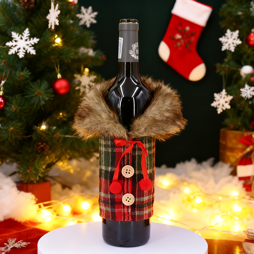 A Set of 2 Festive Wine Covers with Plush Collars, Perfect for Table Decoration, Holiday Party Attire for Wine s, Red Wine Covers, And a Gift Set for Wine That Enhances Dining Table Decor, Complete with Bow Decorations - Ideal fo