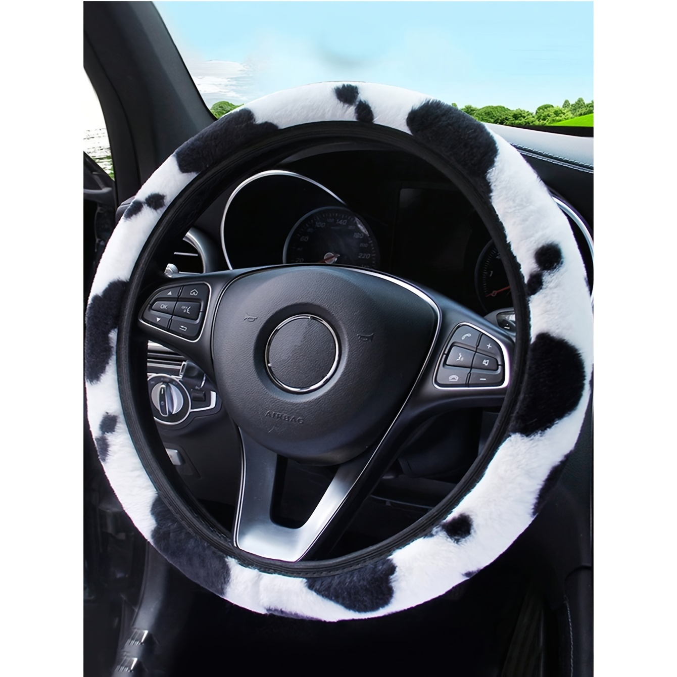 

15" Cow Print Plush Steering Wheel Cover - Soft & Cozy Design, Band Protective Case For Comfortable Driving, Auto Accessory Decoration, Steering Wheel Cover Cute