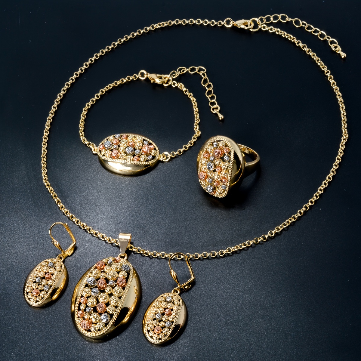 TEMU A Set Of Women's Copper Necklace Pendant + Bracelet + Ring + Earrings Golden Jewelry Four-piece Set, Middle Eastern Style Arabic Style Fashion