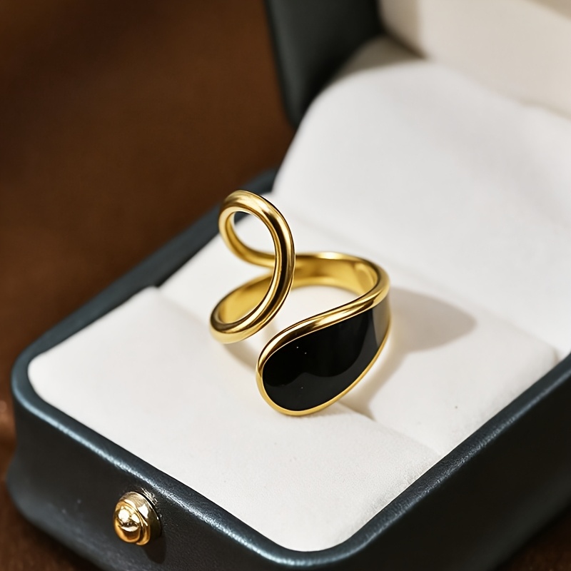 TEMU 1 Unique Personalized Stainless Steel Black Oil Geometric Irregular Opening Ring, Golden And Black Matching Niche High-end Fashion, Adjustable
