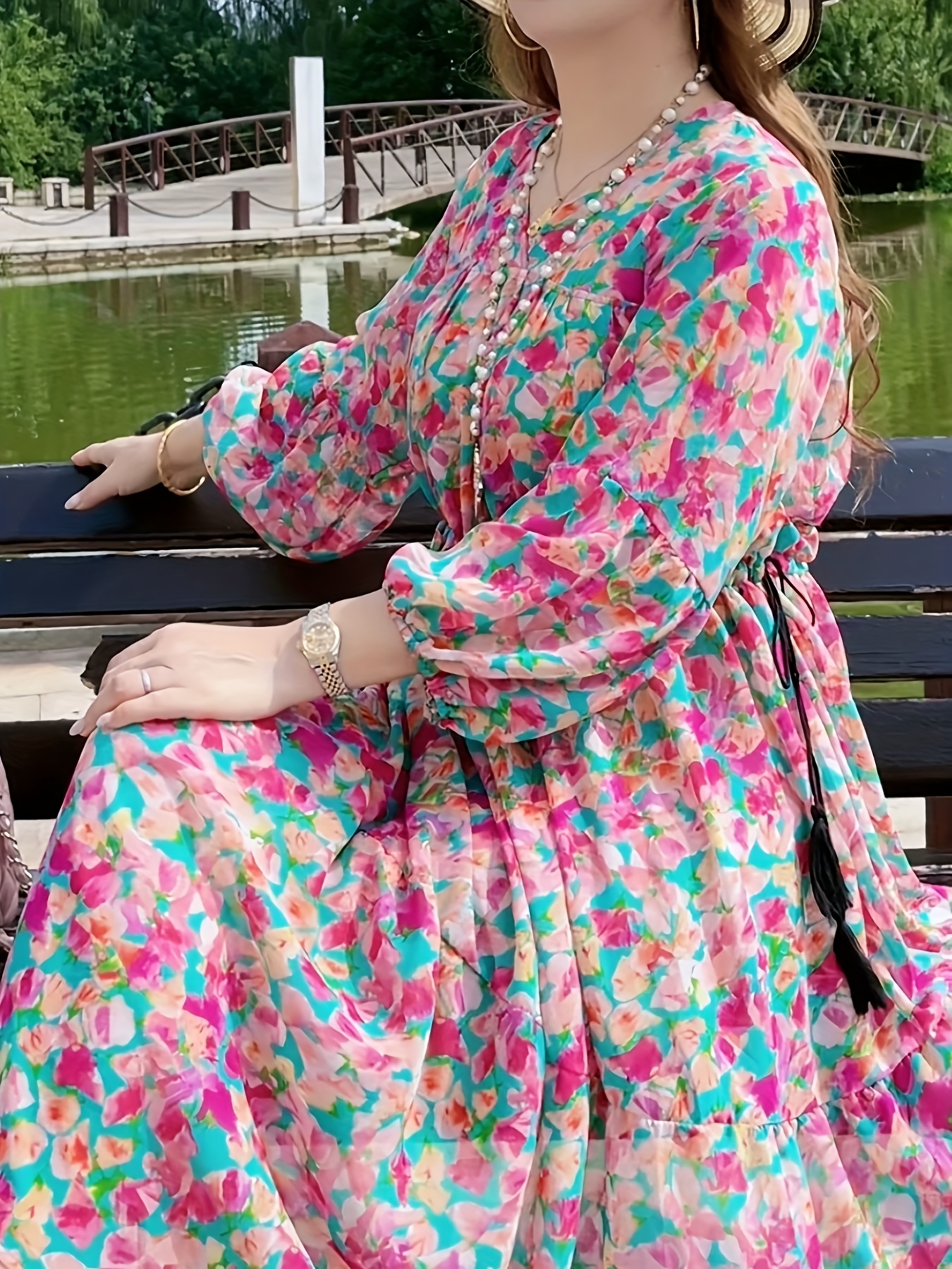 womens floral print lantern sleeve beach dress v neck loose - Temu United  Arab Emirates