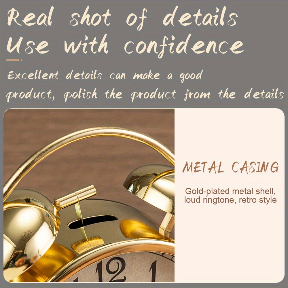 5.9-Inch Metal Retro Luxury Style Bedroom Alarm Clock, Silent Running Time, Mechanical Double Bell Design, Equipped with a Night Light, Can Be Placed in The Living Room, Office Or Dormitory to Add Some Color to The Space, (Batteries Not Included)