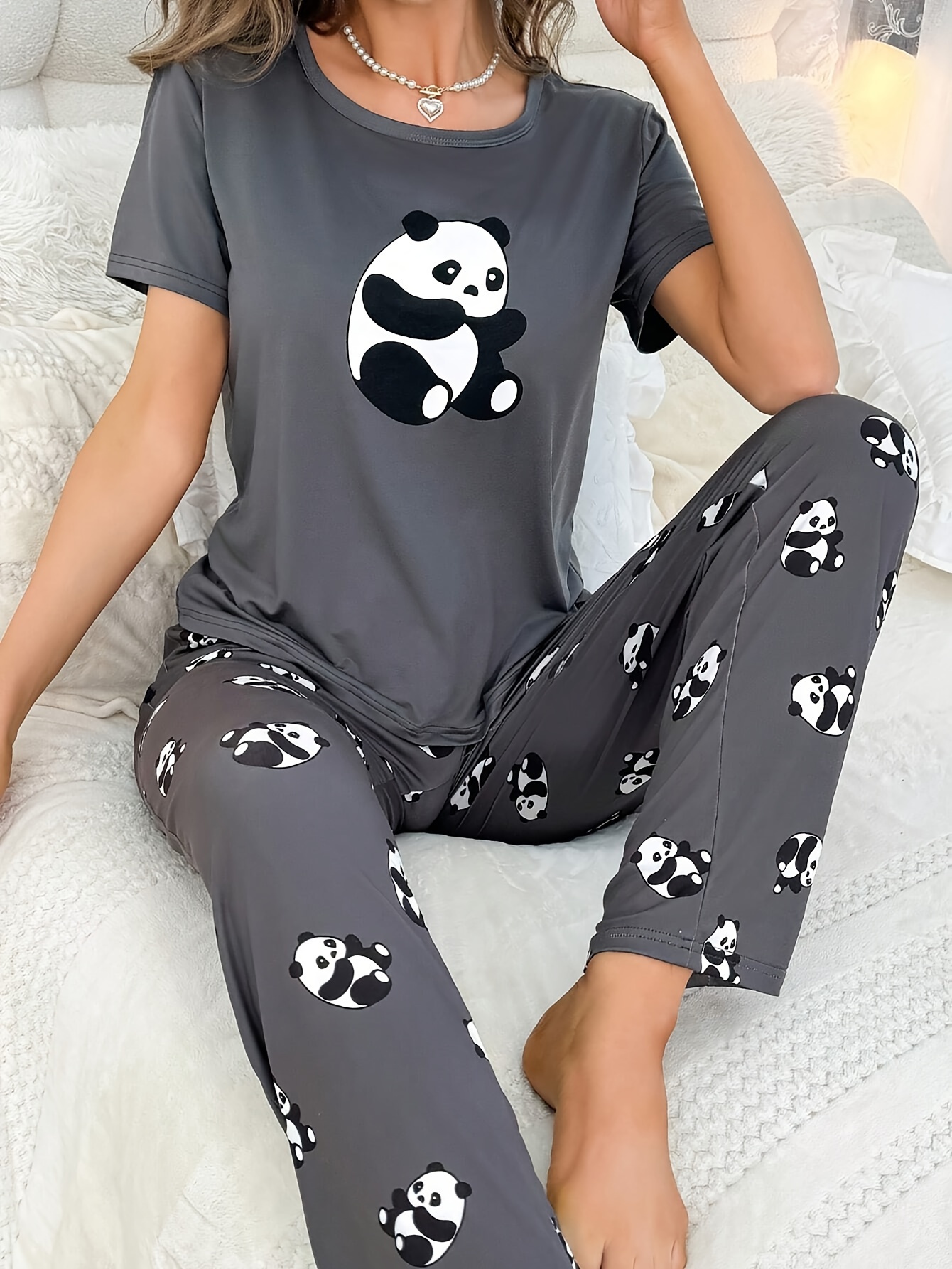 YIJIU Women's Summer Pajama Set – Cute Panda Print Top & Pants, Soft Polyester/Spandex (Grey, Large) 7 thumbnail image