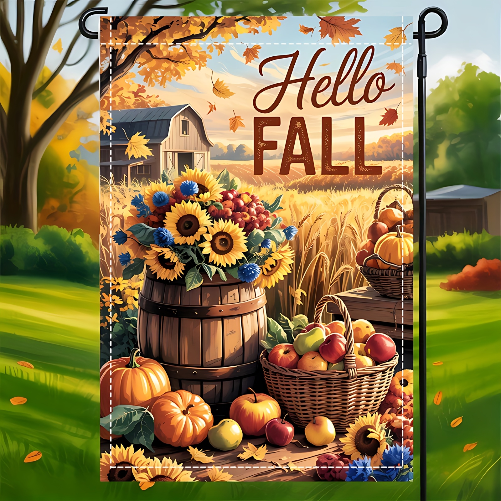 TEMU 2d Flat Banner - Single 2d Flat Banner With Autumn Pumpkin And Harvest Elements Scene, Double-sided Garden Flag, Pole Not Included, Ideal For