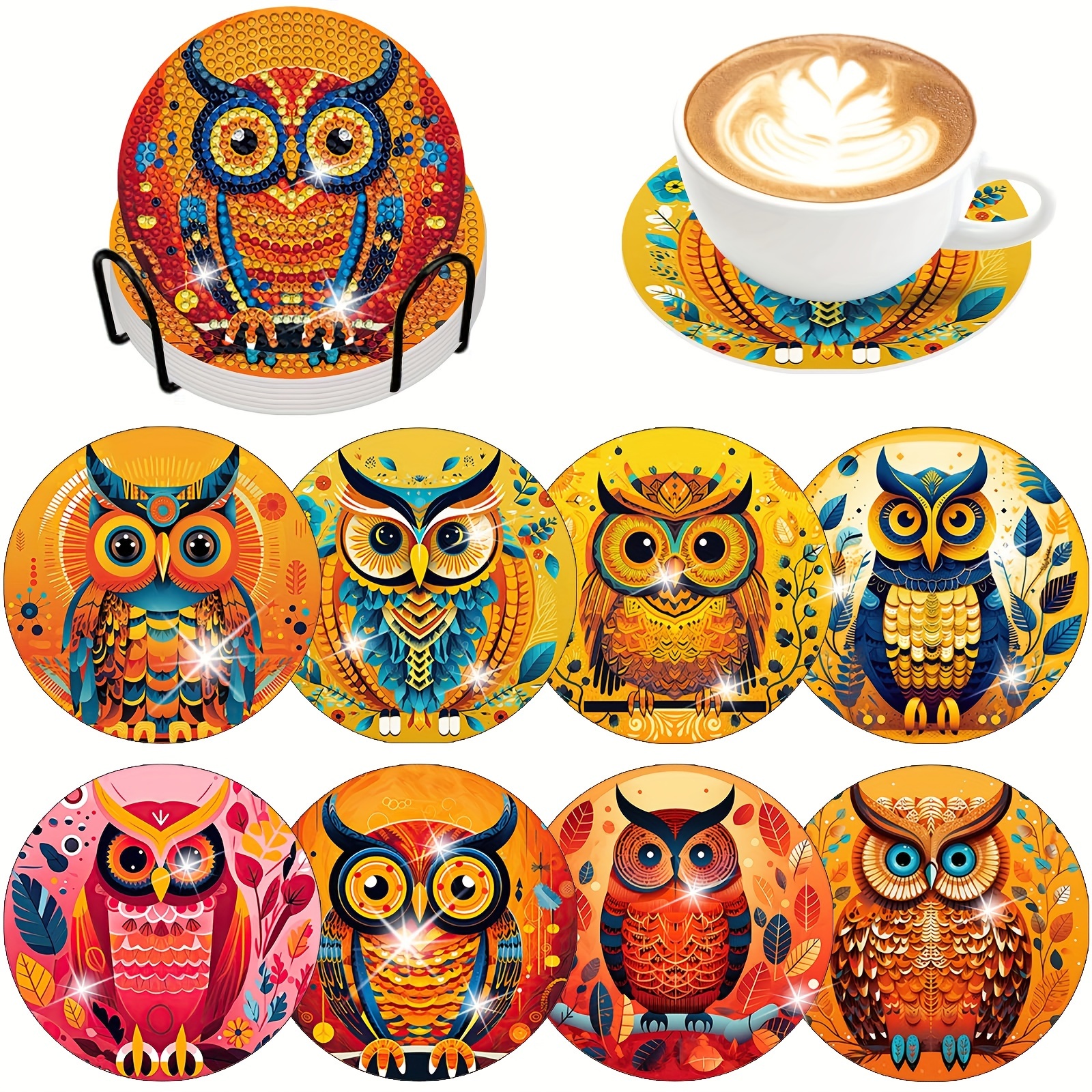 

8 Owl Style Diamond Painting Coasters With Stand, Diy Diamond Art Coaster Set, Suitable For Beginners In Art And Craft Supplies